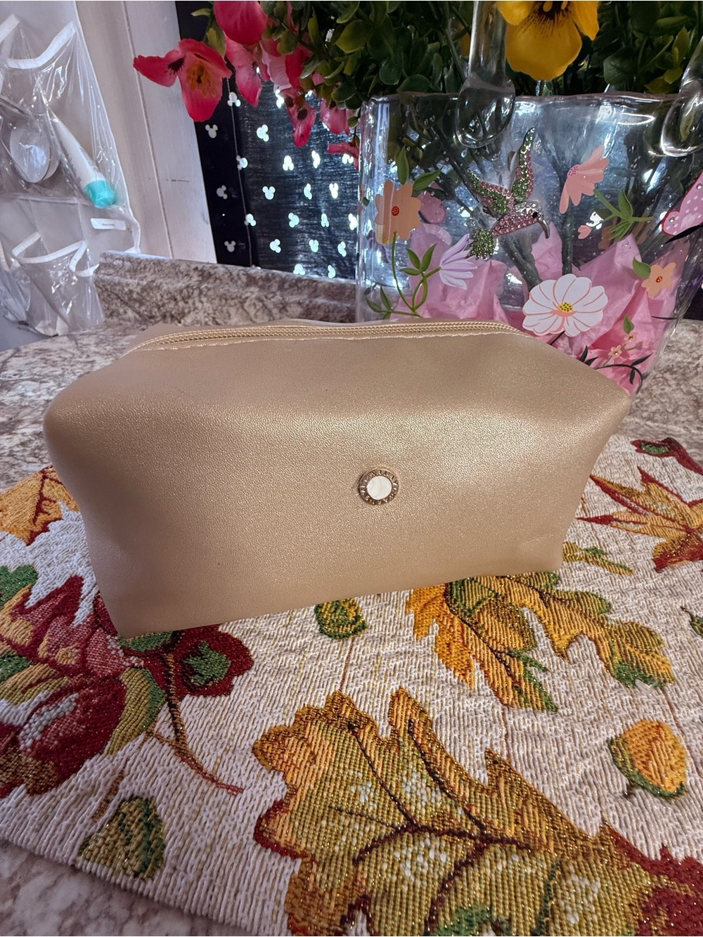 Bulgari Beige Cosmetic Pouch with Metal Accent